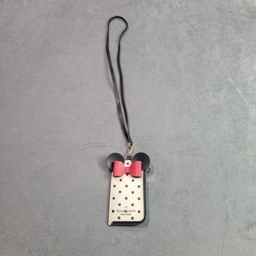 Kate Spade Disney Lanyard Womens OS White Minnie Mouse Polka‎ Dot Bow Zip Wallet
